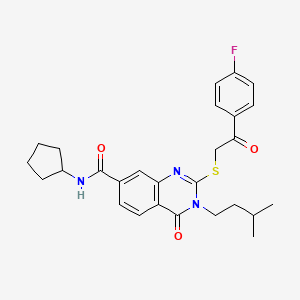 molecular formula C27H30FN3O3S B2843974 N-cyclopentyl-2-((2-(4-fluorophenyl)-2-oxoethyl)thio)-3-isopentyl-4-oxo-3,4-dihydroquinazoline-7-carboxamide CAS No. 1113136-86-9