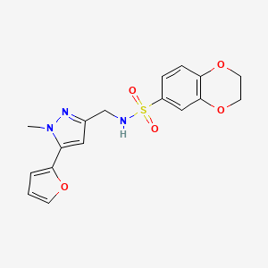 molecular formula C17H17N3O5S B2844099 N-((5-(furan-2-yl)-1-methyl-1H-pyrazol-3-yl)methyl)-2,3-dihydrobenzo[b][1,4]dioxine-6-sulfonamide CAS No. 1421513-00-9