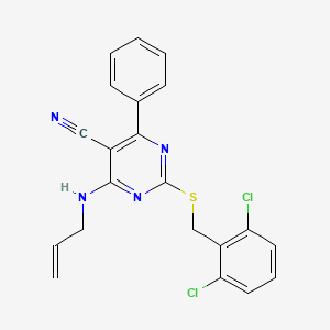 molecular formula C21H16Cl2N4S B2844124 4-(Allylamino)-2-[(2,6-dichlorobenzyl)sulfanyl]-6-phenyl-5-pyrimidinecarbonitrile CAS No. 303985-77-5