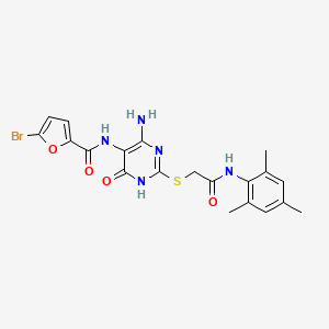 molecular formula C20H20BrN5O4S B2844172 N-(4-amino-2-((2-(mesitylamino)-2-oxoethyl)thio)-6-oxo-1,6-dihydropyrimidin-5-yl)-5-bromofuran-2-carboxamide CAS No. 888427-66-5