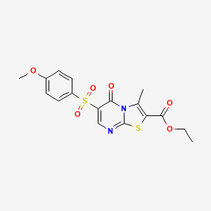 molecular formula C17H16N2O6S2 B2844209 ethyl 6-[(4-methoxyphenyl)sulfonyl]-3-methyl-5-oxo-5H-[1,3]thiazolo[3,2-a]pyrimidine-2-carboxylate CAS No. 931965-38-7