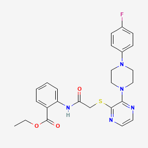 molecular formula C25H26FN5O3S B2844230 Ethyl 2-(2-((3-(4-(4-fluorophenyl)piperazin-1-yl)pyrazin-2-yl)thio)acetamido)benzoate CAS No. 1029733-02-5