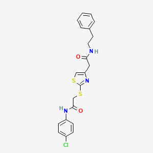 molecular formula C21H20ClN3O2S2 B2844236 N-(4-chlorophenyl)-2-((4-(2-oxo-2-(phenethylamino)ethyl)thiazol-2-yl)thio)acetamide CAS No. 953992-19-3