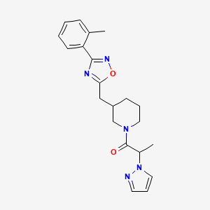 molecular formula C21H25N5O2 B2844237 2-(1H-吡唑-1-基)-1-(3-((3-(邻甲苯)-1,2,4-噁二唑-5-基甲基)哌啶-1-基)丙酮 CAS No. 1705469-13-1