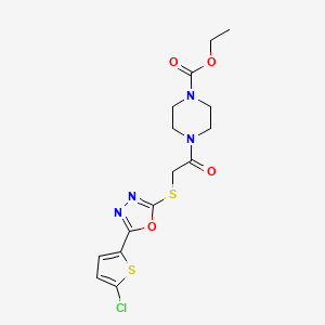 molecular formula C15H17ClN4O4S2 B2844249 Ethyl 4-({[5-(5-chlorothien-2-yl)-1,3,4-oxadiazol-2-yl]thio}acetyl)piperazine-1-carboxylate CAS No. 688749-58-8