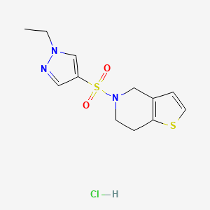 molecular formula C12H16ClN3O2S2 B2844263 1-ethyl-4-{4H,5H,6H,7H-thieno[3,2-c]pyridine-5-sulfonyl}-1H-pyrazole hydrochloride CAS No. 2034241-64-8