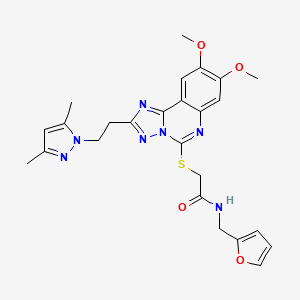 molecular formula C25H27N7O4S B2844285 2-[[2-[2-(3,5-dimethylpyrazol-1-yl)ethyl]-8,9-dimethoxy-[1,2,4]triazolo[1,5-c]quinazolin-5-yl]sulfanyl]-N-(furan-2-ylmethyl)acetamide CAS No. 958548-79-3