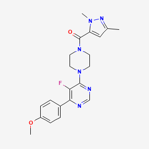 molecular formula C21H23FN6O2 B2844299 (2,5-Dimethylpyrazol-3-yl)-[4-[5-fluoro-6-(4-methoxyphenyl)pyrimidin-4-yl]piperazin-1-yl]methanone CAS No. 2380080-99-7
