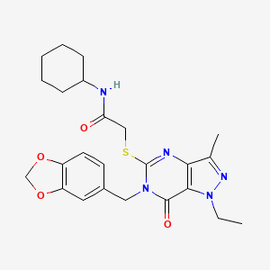 molecular formula C24H29N5O4S B2844403 2-((6-(benzo[d][1,3]dioxol-5-ylmethyl)-1-ethyl-3-methyl-7-oxo-6,7-dihydro-1H-pyrazolo[4,3-d]pyrimidin-5-yl)thio)-N-cyclohexylacetamide CAS No. 1358830-63-3