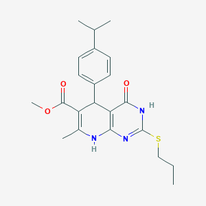 molecular formula C22H27N3O3S B2844484 Methyl 5-(4-isopropylphenyl)-7-methyl-4-oxo-2-(propylthio)-3,4,5,8-tetrahydropyrido[2,3-d]pyrimidine-6-carboxylate CAS No. 923164-13-0