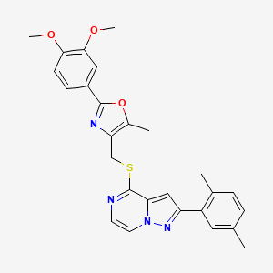 molecular formula C27H26N4O3S B2844493 4-({[2-(3,4-二甲氧基苯基)-5-甲基-1,3-噁唑-4-基]甲基}硫基)-2-(2,5-二甲基苯基)吡唑并[1,5-a]噻嗪 CAS No. 1207013-87-3