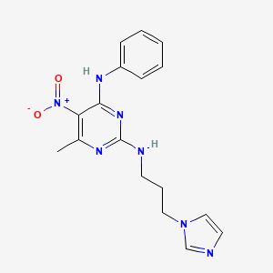 molecular formula C17H19N7O2 B2844578 N2-(3-(1H-imidazol-1-yl)propyl)-6-methyl-5-nitro-N4-phenylpyrimidine-2,4-diamine CAS No. 1211238-79-7