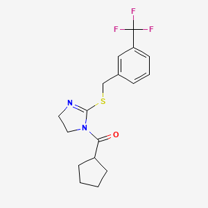 molecular formula C17H19F3N2OS B2844579 cyclopentyl(2-((3-(trifluoromethyl)benzyl)thio)-4,5-dihydro-1H-imidazol-1-yl)methanone CAS No. 851805-56-6