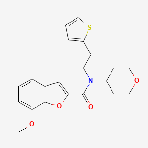 molecular formula C21H23NO4S B2844706 7-methoxy-N-(tetrahydro-2H-pyran-4-yl)-N-(2-(thiophen-2-yl)ethyl)benzofuran-2-carboxamide CAS No. 1705085-01-3