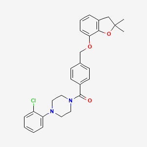 molecular formula C28H29ClN2O3 B2844712 (4-(2-Chlorophenyl)piperazin-1-yl)(4-(((2,2-dimethyl-2,3-dihydrobenzofuran-7-yl)oxy)methyl)phenyl)methanone CAS No. 941899-40-7