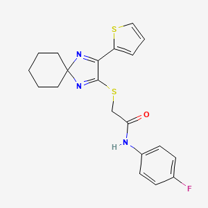 molecular formula C20H20FN3OS2 B2844719 N-(4-氟苯基)-2-((3-(噻吩-2-基)-1,4-二氮杂螺[4.5]癸-1,3-二烯-2-基)硫)乙酰胺 CAS No. 1223919-43-4