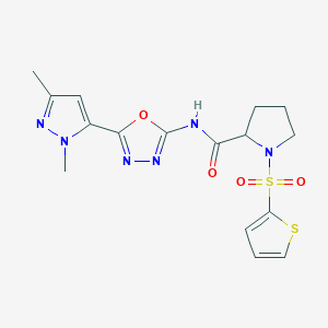 molecular formula C16H18N6O4S2 B2844882 N-(5-(1,3-dimethyl-1H-pyrazol-5-yl)-1,3,4-oxadiazol-2-yl)-1-(thiophen-2-ylsulfonyl)pyrrolidine-2-carboxamide CAS No. 1219412-04-0