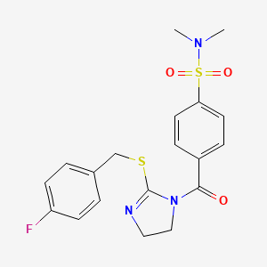 molecular formula C19H20FN3O3S2 B2844907 4-[2-[(4-fluorophenyl)methylsulfanyl]-4,5-dihydroimidazole-1-carbonyl]-N,N-dimethylbenzenesulfonamide CAS No. 851800-23-2