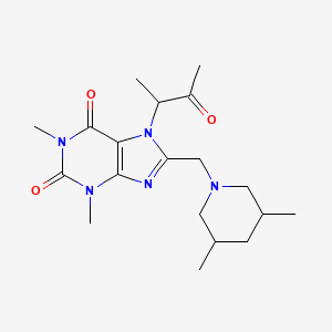 molecular formula C19H29N5O3 B2844949 8-[(3,5-Dimethylpiperidin-1-yl)methyl]-1,3-dimethyl-7-(3-oxobutan-2-yl)purine-2,6-dione CAS No. 1005288-35-6