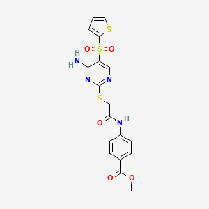 molecular formula C18H16N4O5S3 B2845021 Methyl 4-[({[4-amino-5-(2-thienylsulfonyl)pyrimidin-2-yl]thio}acetyl)amino]benzoate CAS No. 1242994-50-8