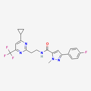 molecular formula C21H19F4N5O B2845043 N-(2-(4-cyclopropyl-6-(trifluoromethyl)pyrimidin-2-yl)ethyl)-3-(4-fluorophenyl)-1-methyl-1H-pyrazole-5-carboxamide CAS No. 1421585-41-2
