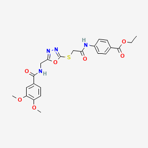 molecular formula C23H24N4O7S B2845089 Ethyl 4-(2-((5-((3,4-dimethoxybenzamido)methyl)-1,3,4-oxadiazol-2-yl)thio)acetamido)benzoate CAS No. 851862-77-6