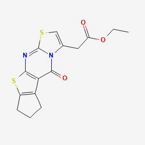 molecular formula C15H14N2O3S2 B2845113 Ethyl 2-(5-oxo-4,6,7,8-tetrahydrocyclopenta[1,2-d]1,3-thiazolino[3',2'-1,2]pyr imidino[4,5-b]thiophen-3-yl)acetate CAS No. 438481-38-0