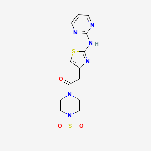 molecular formula C14H18N6O3S2 B2845119 1-(4-(Methylsulfonyl)piperazin-1-yl)-2-(2-(pyrimidin-2-ylamino)thiazol-4-yl)ethanone CAS No. 1226432-36-5