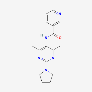 molecular formula C16H19N5O B2845249 烟酰胺-N-(4,6-二甲基-2-(吡咯啉-1-基)嘧啶-5-基)酰胺 CAS No. 1448123-77-0