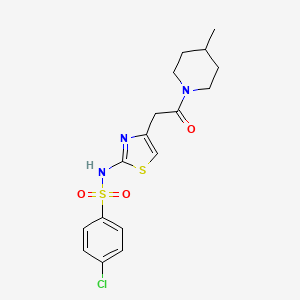 molecular formula C17H20ClN3O3S2 B2845260 4-chloro-N-(4-(2-(4-methylpiperidin-1-yl)-2-oxoethyl)thiazol-2-yl)benzenesulfonamide CAS No. 922020-89-1