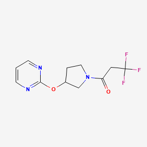 molecular formula C11H12F3N3O2 B2845276 3,3,3-三氟-1-(3-(嘧啶-2-氧基)吡咯啉-1-基)丙酮 CAS No. 2034394-54-0