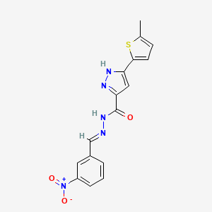 molecular formula C16H13N5O3S B2845286 (E)-3-(5-methylthiophen-2-yl)-N'-(3-nitrobenzylidene)-1H-pyrazole-5-carbohydrazide CAS No. 1285521-89-2