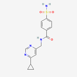 molecular formula C15H16N4O3S B2845288 N-((6-环丙基嘧啶-4-基)甲基)-4-磺酰胺基苯甲酰胺 CAS No. 2176069-60-4