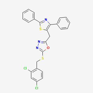 molecular formula C25H17Cl2N3OS2 B2845307 2-[(2,4-Dichlorophenyl)methylsulfanyl]-5-[(2,4-diphenyl-1,3-thiazol-5-yl)methyl]-1,3,4-oxadiazole CAS No. 338750-00-8