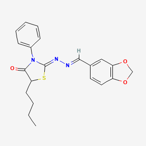 (Z)-2-((E)-(benzo[d][1,3]dioxol-5-ylmethylene)hydrazono)-5-butyl-3-phenylthiazolidin-4-one