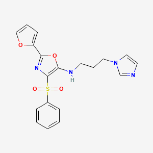 molecular formula C19H18N4O4S B2845360 2-(2-furyl)-N-[3-(1H-imidazol-1-yl)propyl]-4-(phenylsulfonyl)-1,3-oxazol-5-amine CAS No. 823829-54-5