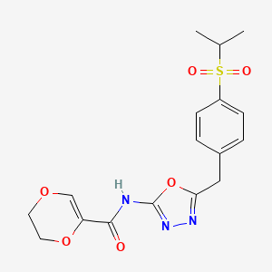 molecular formula C17H19N3O6S B2845404 N-(5-(4-(isopropylsulfonyl)benzyl)-1,3,4-oxadiazol-2-yl)-5,6-dihydro-1,4-dioxine-2-carboxamide CAS No. 1171724-80-3