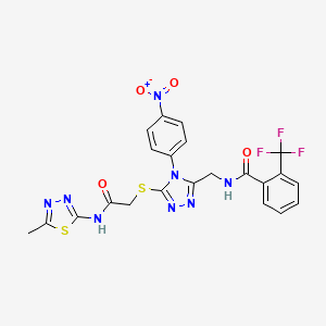molecular formula C22H17F3N8O4S2 B2845409 N-((5-((2-((5-methyl-1,3,4-thiadiazol-2-yl)amino)-2-oxoethyl)thio)-4-(4-nitrophenyl)-4H-1,2,4-triazol-3-yl)methyl)-2-(trifluoromethyl)benzamide CAS No. 389071-00-5