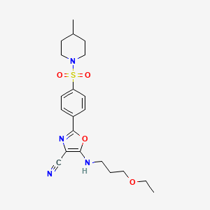 molecular formula C21H28N4O4S B2845471 5-((3-Ethoxypropyl)amino)-2-(4-((4-methylpiperidin-1-yl)sulfonyl)phenyl)oxazole-4-carbonitrile CAS No. 941000-52-8