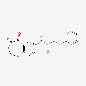 molecular formula C18H18N2O3 B2845550 N-(5-oxo-2,3,4,5-tetrahydrobenzo[f][1,4]oxazepin-7-yl)-3-phenylpropanamide CAS No. 922026-83-3