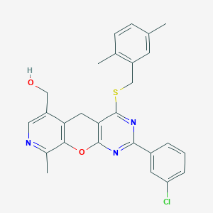 molecular formula C27H24ClN3O2S B2845573 [5-(3-Chlorophenyl)-7-{[(2,5-dimethylphenyl)methyl]sulfanyl}-14-methyl-2-oxa-4,6,13-triazatricyclo[8.4.0.0^{3,8}]tetradeca-1(10),3(8),4,6,11,13-hexaen-11-yl]methanol CAS No. 892417-40-2