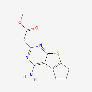 molecular formula C12H13N3O2S B2845589 Methyl 2-{12-amino-7-thia-9,11-diazatricyclo[6.4.0.0^{2,6}]dodeca-1(8),2(6),9,11-tetraen-10-yl}acetate CAS No. 923769-56-6