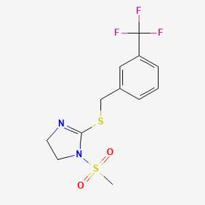 molecular formula C12H13F3N2O2S2 B2845665 1-Methylsulfonyl-2-[[3-(trifluoromethyl)phenyl]methylsulfanyl]-4,5-dihydroimidazole CAS No. 868218-11-5