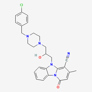 molecular formula C27H28ClN5O2 B2845698 5-[3-[4-[(4-Chlorophenyl)methyl]piperazin-1-yl]-2-hydroxypropyl]-3-methyl-1-oxopyrido[1,2-a]benzimidazole-4-carbonitrile CAS No. 868154-97-6