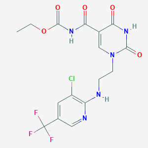 molecular formula C16H15ClF3N5O5 B2845700 乙酸N-[1-[2-[[3-氯-5-(三氟甲基)吡啶-2-基]氨基]乙基]-2,4-二氧代嘧啶-5-羧酰基]氨基酸酯 CAS No. 338409-46-4