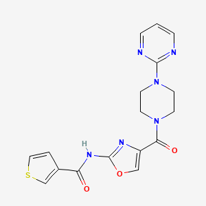 molecular formula C17H16N6O3S B2845712 N-(4-(4-(pyrimidin-2-yl)piperazine-1-carbonyl)oxazol-2-yl)thiophene-3-carboxamide CAS No. 1396758-19-2