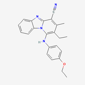 molecular formula C23H22N4O B2845715 13-[(4-Ethoxyphenyl)amino]-12-ethyl-11-methyl-1,8-diazatricyclo[7.4.0.0^{2,7}]trideca-2(7),3,5,8,10,12-hexaene-10-carbonitrile CAS No. 329708-67-0