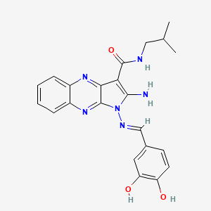 molecular formula C22H22N6O3 B2845763 (E)-2-amino-1-((3,4-dihydroxybenzylidene)amino)-N-isobutyl-1H-pyrrolo[2,3-b]quinoxaline-3-carboxamide CAS No. 836638-15-4