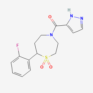 molecular formula C15H16FN3O3S B2845774 (7-(2-fluorophenyl)-1,1-dioxido-1,4-thiazepan-4-yl)(1H-pyrazol-3-yl)methanone CAS No. 2034329-58-1