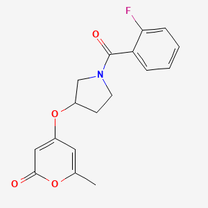 molecular formula C17H16FNO4 B2845794 4-((1-(2-fluorobenzoyl)pyrrolidin-3-yl)oxy)-6-methyl-2H-pyran-2-one CAS No. 1795477-55-2